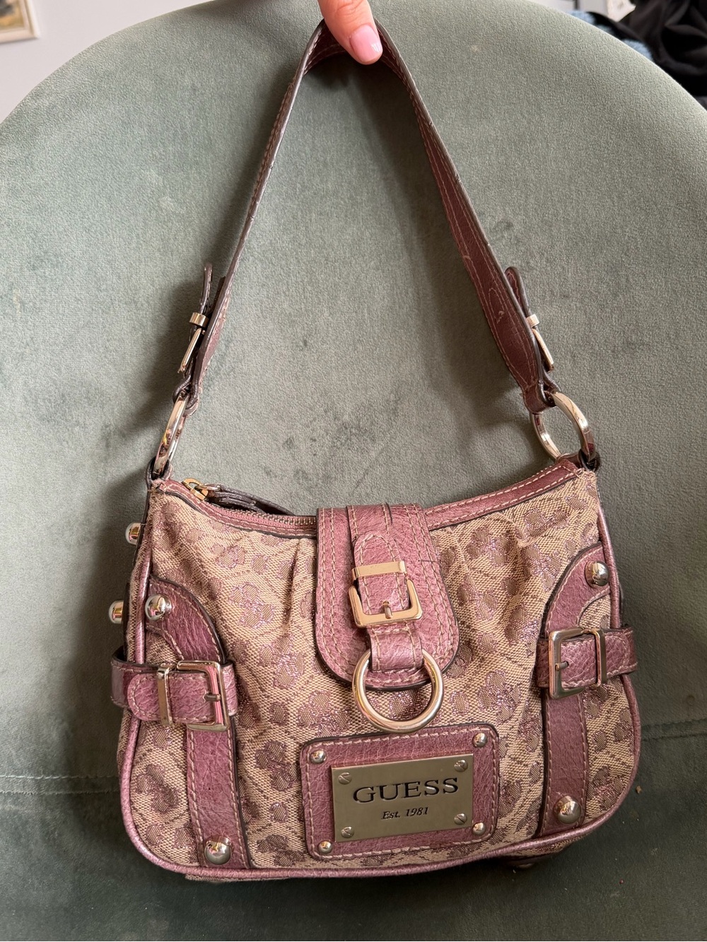 Vintage Y2K Guess Monogram Baguette Shoulder Bag Mauve Pink